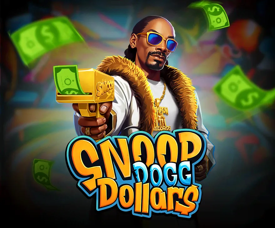 Snoop Dogg holding a money-spitting cash gun beside the gold Snoop Dogg Dollars logo