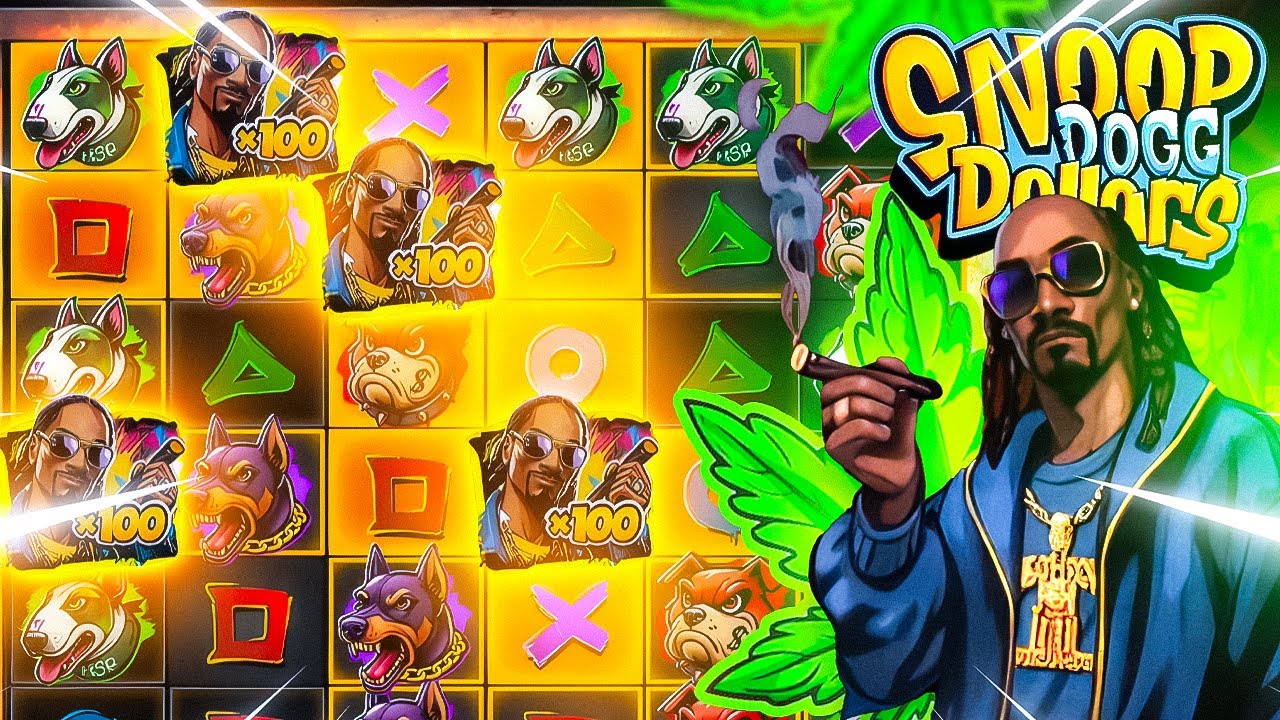 Snoop Dogg Dollars approaching maximum payout: multiple Snoop Wild symbols clustered with three x100 multipliers on a gold-glow board next to the Snoop Dogg character animation