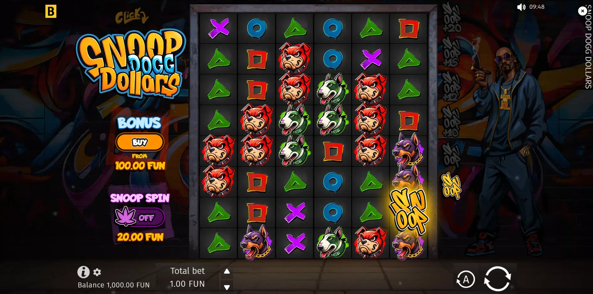 Snoop Dogg Dollars studio session: 48-cell cluster grid against graffiti wall with Bonus Buy and Snoop Spin controls on the left rail