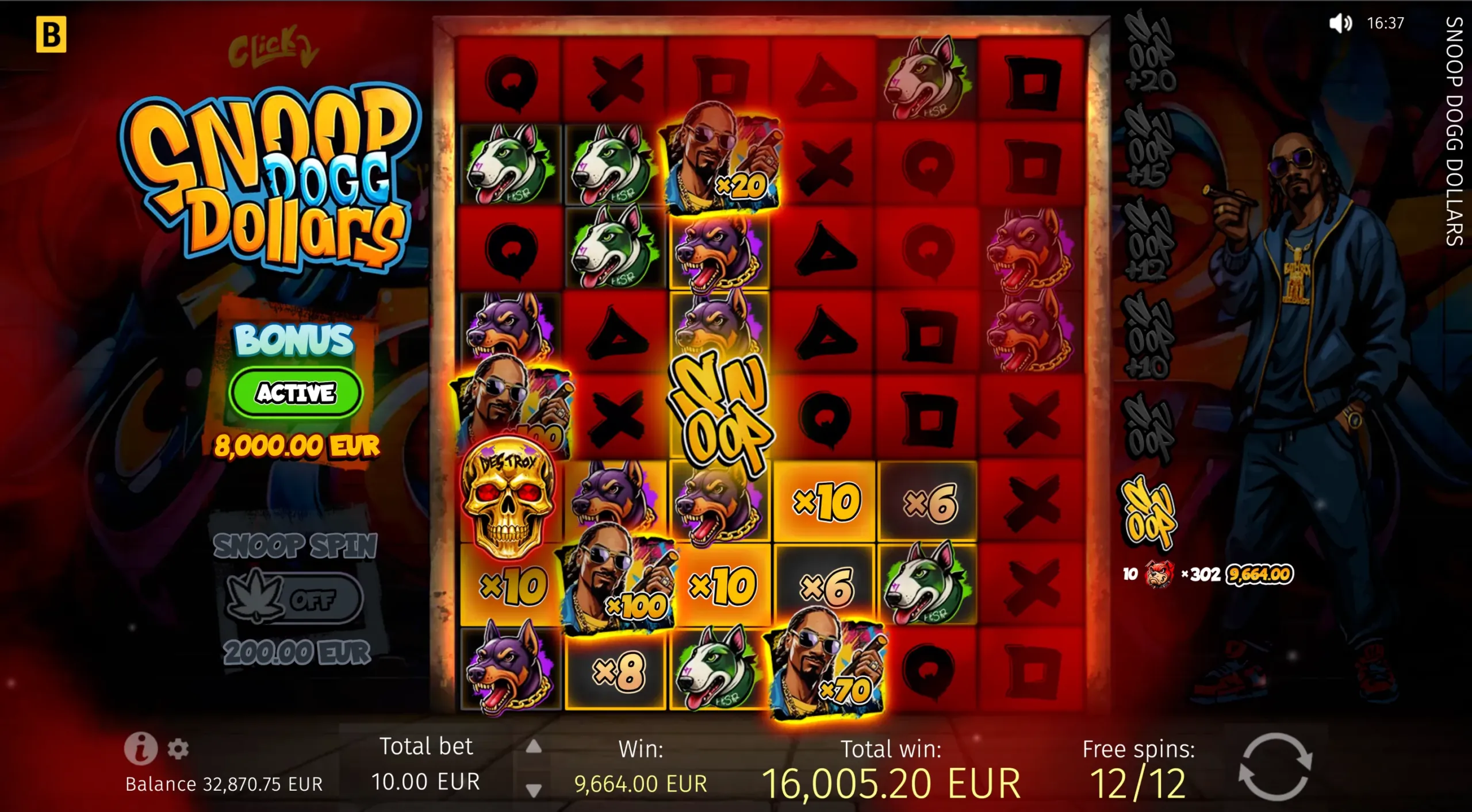 Free spins round mid-performance: gold Skull symbol live, multipliers x10 x6 x100 x70 stacked, total win 16,005 EUR at 12 of 12 spins